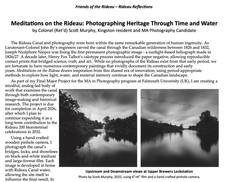 Newsletter article featuring Meditations on the Rideau photography project in Friends of the Rideau publication, Rideau Reflections Fall/Winter 2025.
