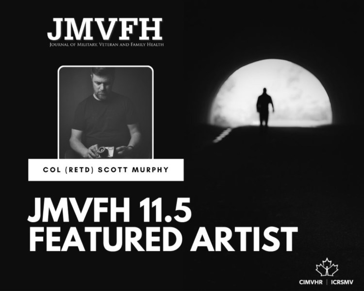 A black and white promotional graphic announcing Colonel (Retired) Scott Murphy as the Featured Artist for JMVFH 11.5, showing a self-portrait on the left and a silhouetted figure walking through a tunnel on the right.