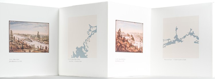 Verso side of The Straight Way Lost artist book showing GIS-generated Rideau Canal maps paired with historical John Burrows watercolours.