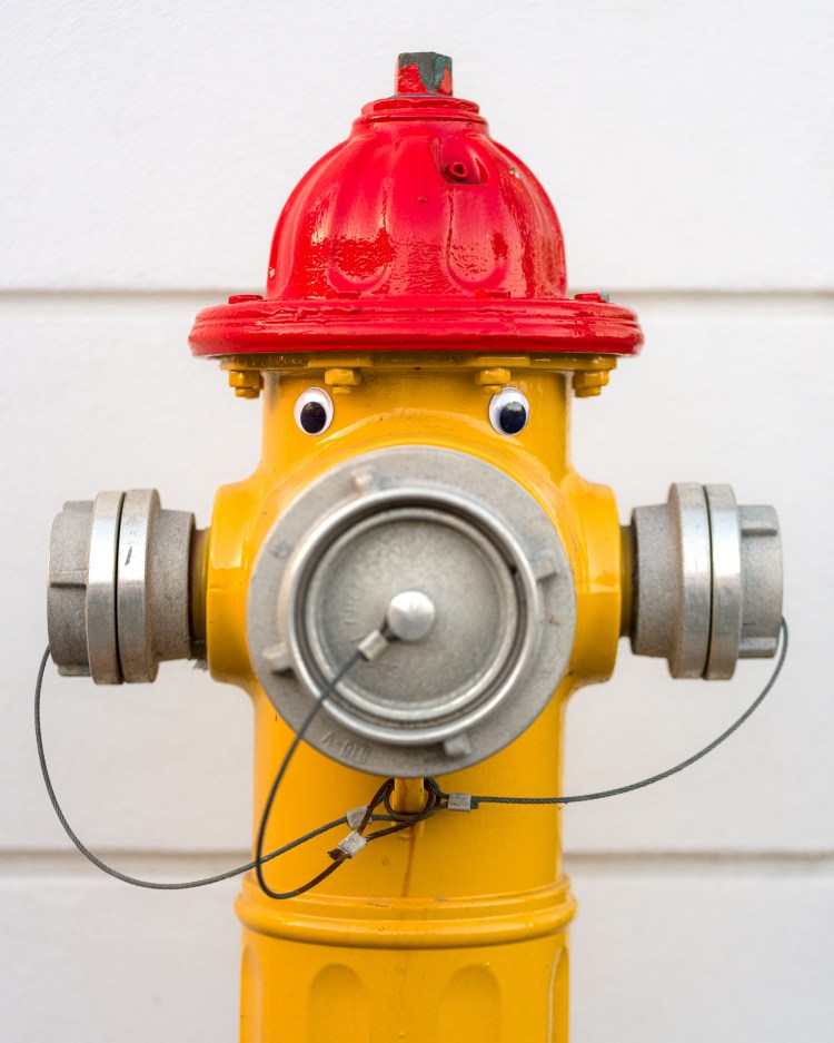 Yellow and red fire hydrant with googly eyes attached, photographed against a white wall.