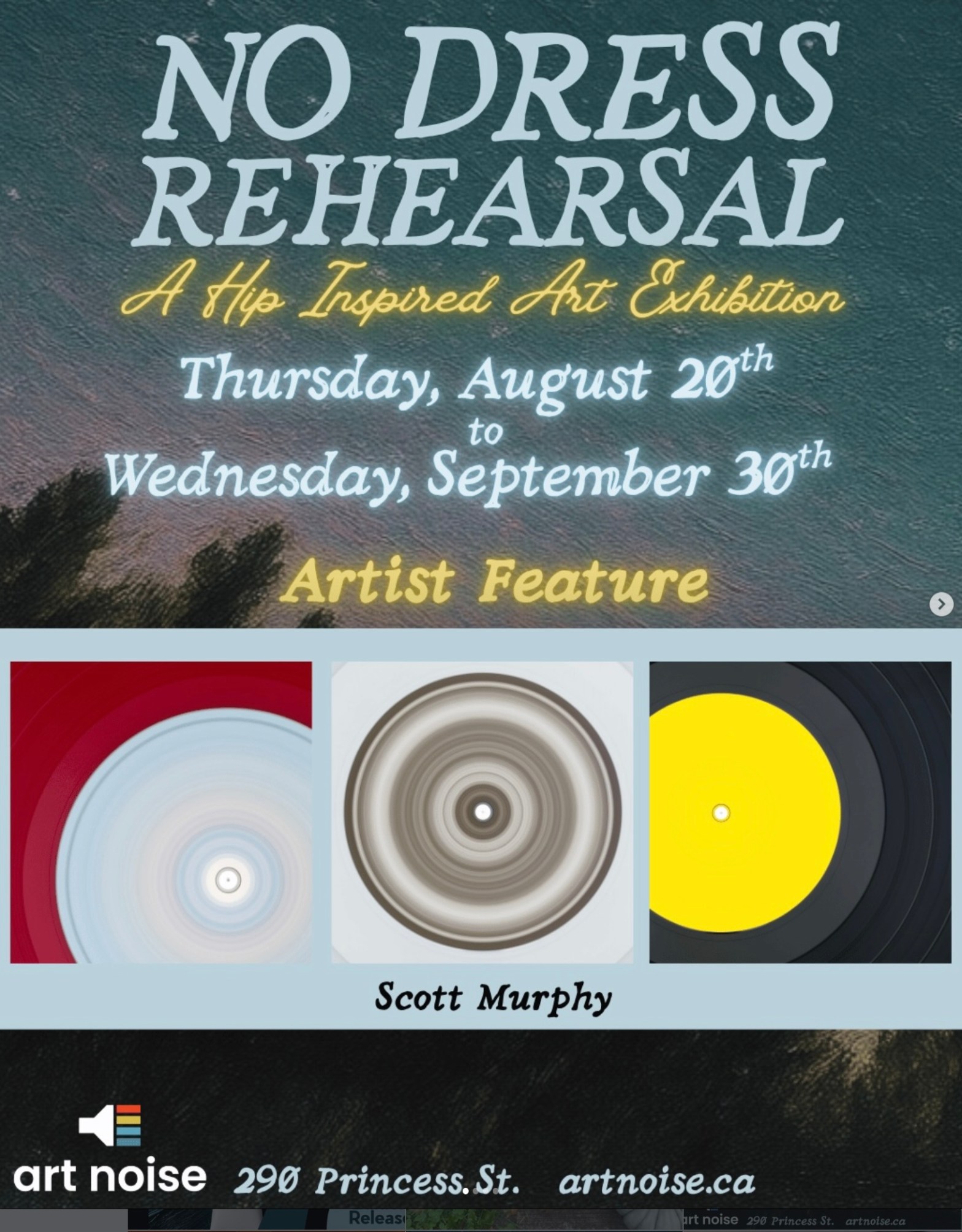 Art Noise artist feature for Scott Murphy showing three long-exposure photographs from No Dress Rehearsal: A Hip Inspired Art Exhibition.