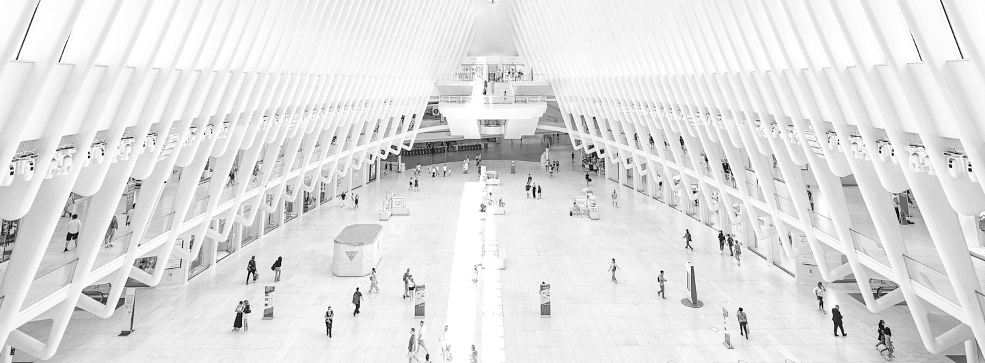 High-key black-and-white view across the Oculus interior in New York City, with small figures beneath the repeating white ribs.